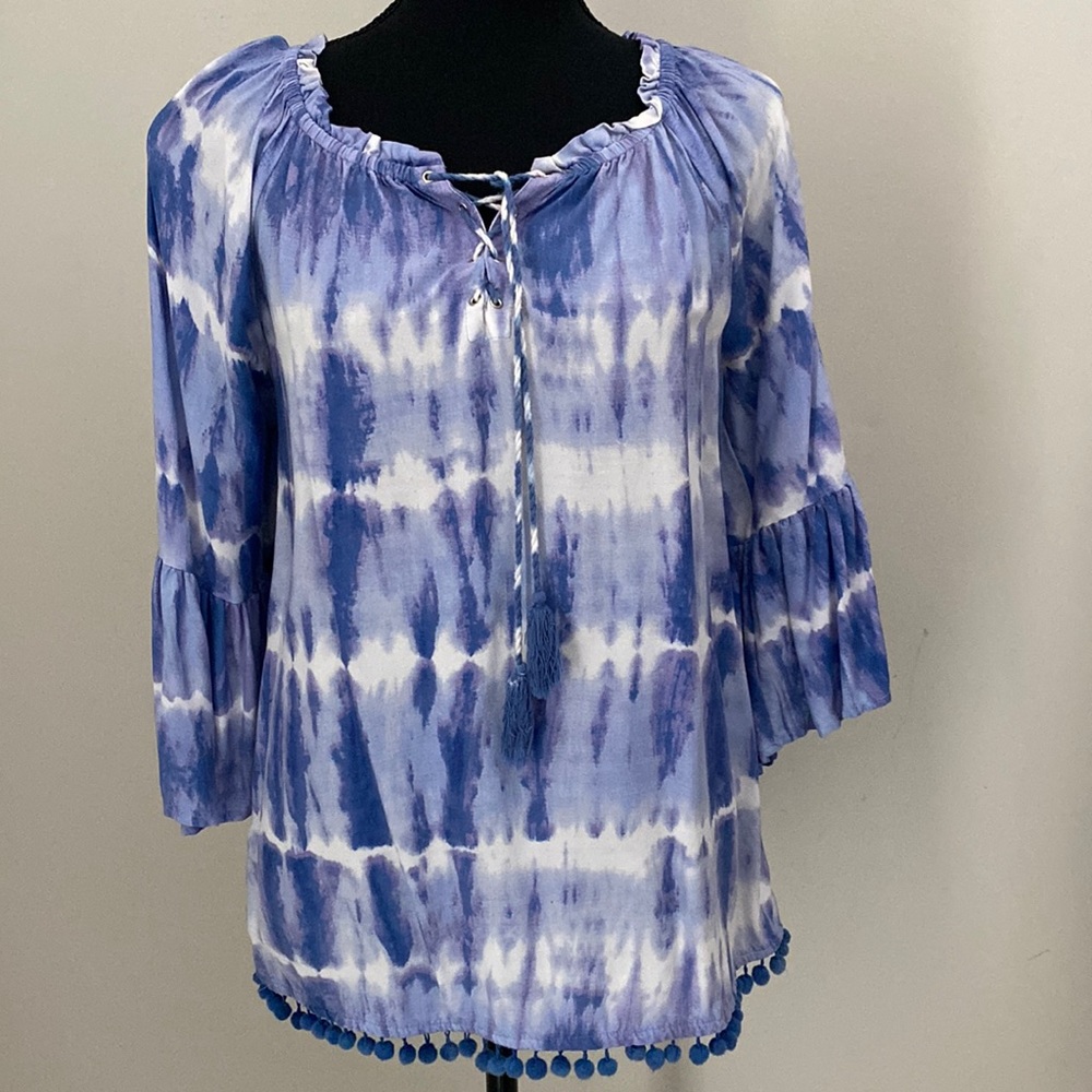 Seven7 Womens Blue White Tie Dye Tassel Lace Up Pom Pom Bell Sleeve Blouse M